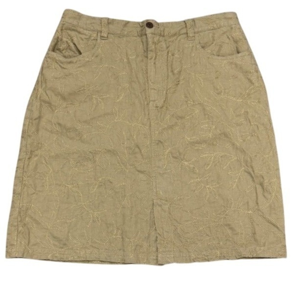 Bill Blass Jeanswear Linen Cotton Embroidered Pencil Skirt Size 14 Khaki